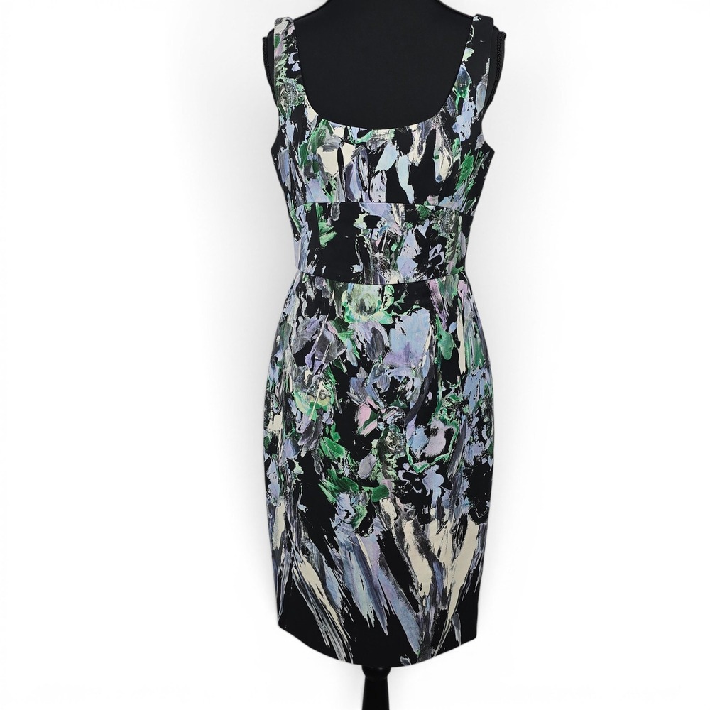 Milly Womens Abstract Floral Sheath Dress Black Green Blue Size 4 Made in USA